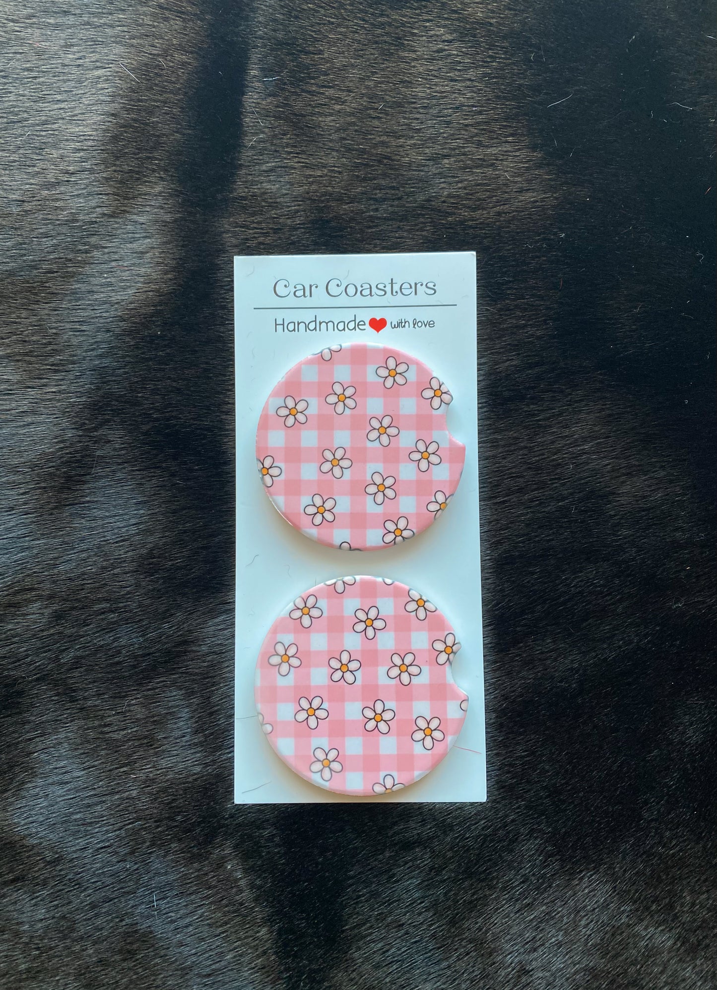 Pink Gingham & Daisy Car Coasters